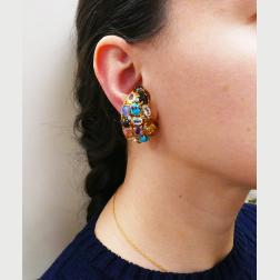 Vintage French 18k Gold Gemstones Earrings Signed MBM