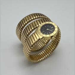 Vintage Bulgari Yellow Gold Black Dial Serpenti Tubogas Wrap Around Wristwatch