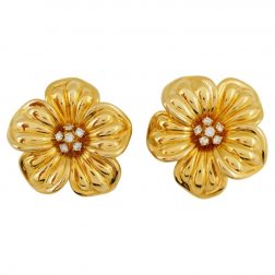 Van Cleef & Arpels Vintage Gold Diamond Magnolia Clip-On Earrings