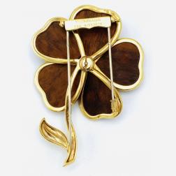Van Cleef and Arpels Clematis Yellow Gold, Wood and Diamond Flower Clip Brooch