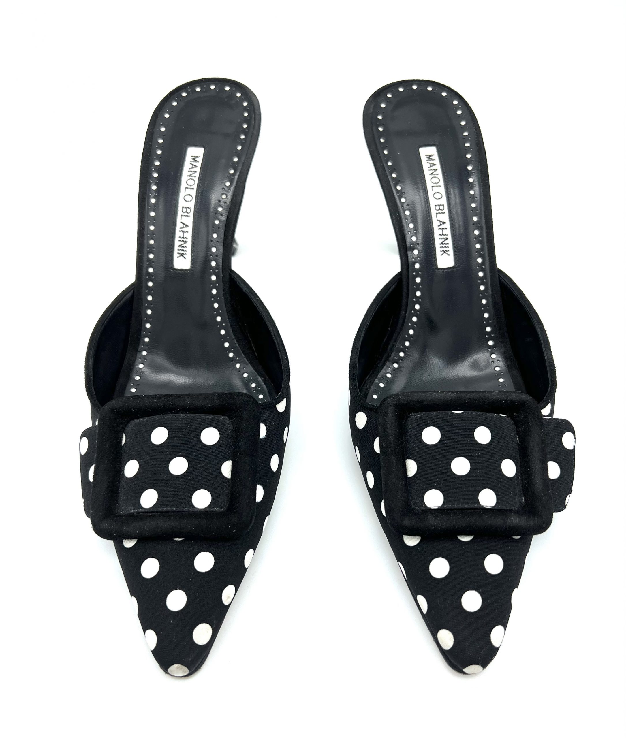 Manolo Blahnik Maysale Polka Dot Kitten Heel Mules, Size 39.5