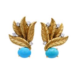 Vintage 18k Gold Earrings Turquoise Clip-On Signed J.W.