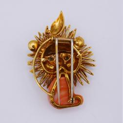 Vintage Brooch Pin Clip 18k Gold Coral Gems Leo Zodiac Jewel