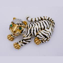 Vintage David Webb Pin Brooch Clip 18k Gold Enamel Tiger