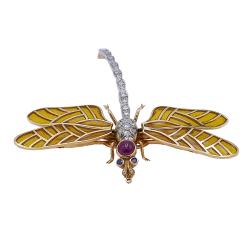Vintage Dragonfly Brooch 14k Gold Enamel Gemstones Pin