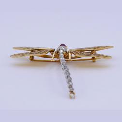 Vintage Dragonfly Brooch 14k Gold Enamel Gemstones Pin