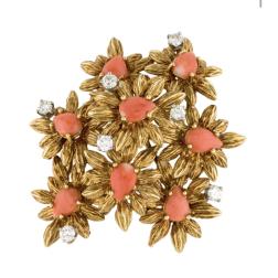 18k Gold Coral Diamond Floral Brooch