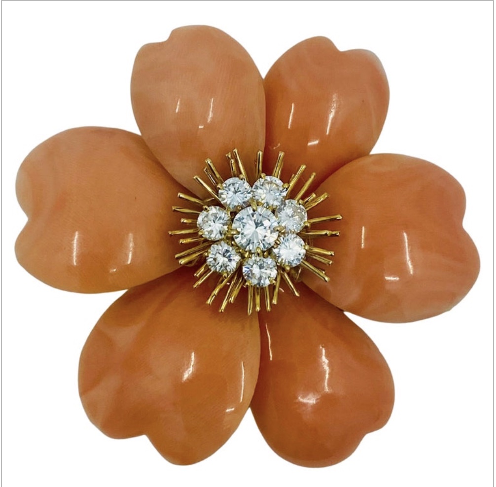 Van Cleef & Arpels 18K Yellow Gold Rose de Noel Coral Diamond Flower Brooch