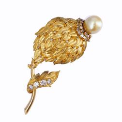 Vintage Brooch 14k Gold Pearl Diamond Pin Estate Jewelry
