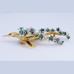 Vintage Brooch 14k Gold Emerald Diamond Pin Estate Jewelry
