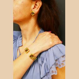 Vintage Garrard 18k Gold Gems Cuff Bracelet Earrings Set