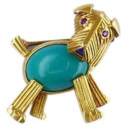 Vintage Dog Pin Gold Gemstones 14k Brooch Estate Jewelry