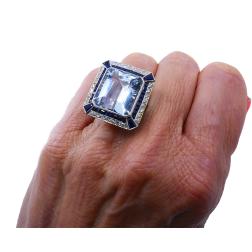 Art Deco Platinum Ring Aquamarine Sapphire Diamond Antique
