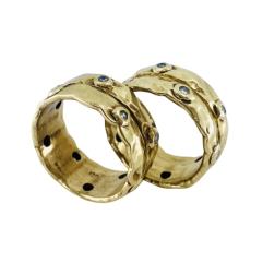 A Set of Two Hammered Gold Rings 14k Diamond