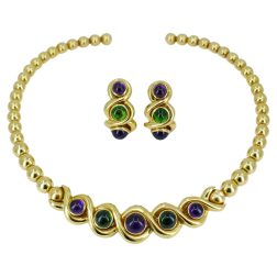 Jean Vitau Vintage 18k Gold Set Necklace and Earrings Gems