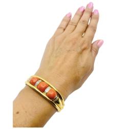 French Vintage Gold Bangle Bracelet Coral Diamond