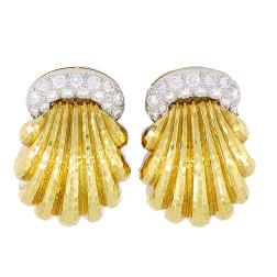 Vintage David Webb Shell Earrings 18k Gold Platinum Diamond
