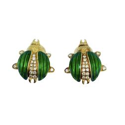 Beetle Earrings Vintage 18k Gold Diamond Enamel