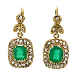 Victorian Earrings Gold Emerald Diamond Dangle Antique