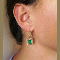 Victorian Earrings Gold Emerald Diamond Dangle Antique