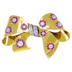 Retro Bow Brooch Pin 18k Gold Ruby Diamond Estate Jewelry