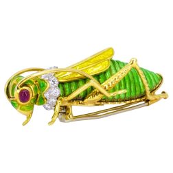 David Webb Vintage Brooch Gold Grasshopper Enamel Gemstones