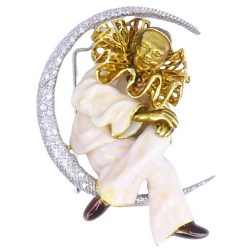 Pierrot Lunaire Vintage Brooch 18k Gold Enamel Diamond