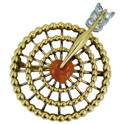 French Vintage Gold Brooch Coral Heart Diamond