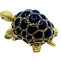Pomellato Gold Turtle Brooch Blue Enamel